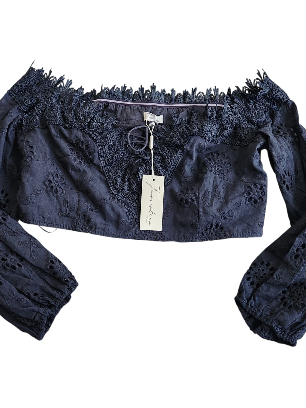 NWT Twosisters The Label Zia Off Shoulder Cropped Top Women's 14 Navy Blue Fairy